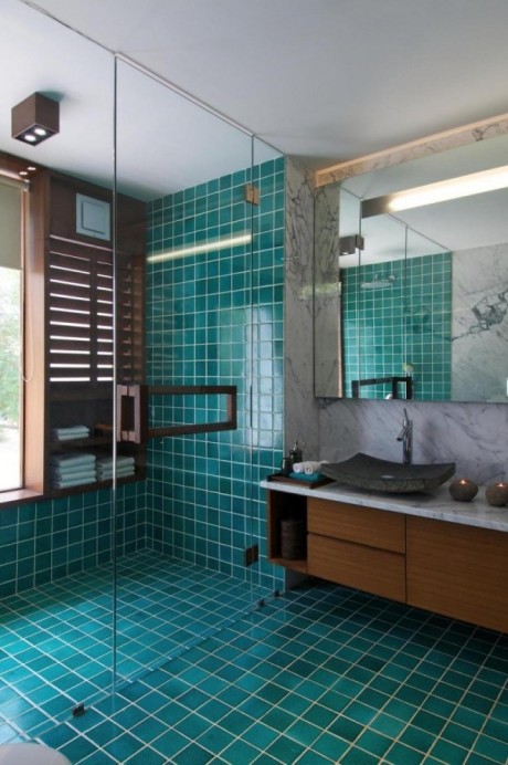 amazing-small-shower-for-small-bathroom-with-wooden-racks-and-blue-tiles